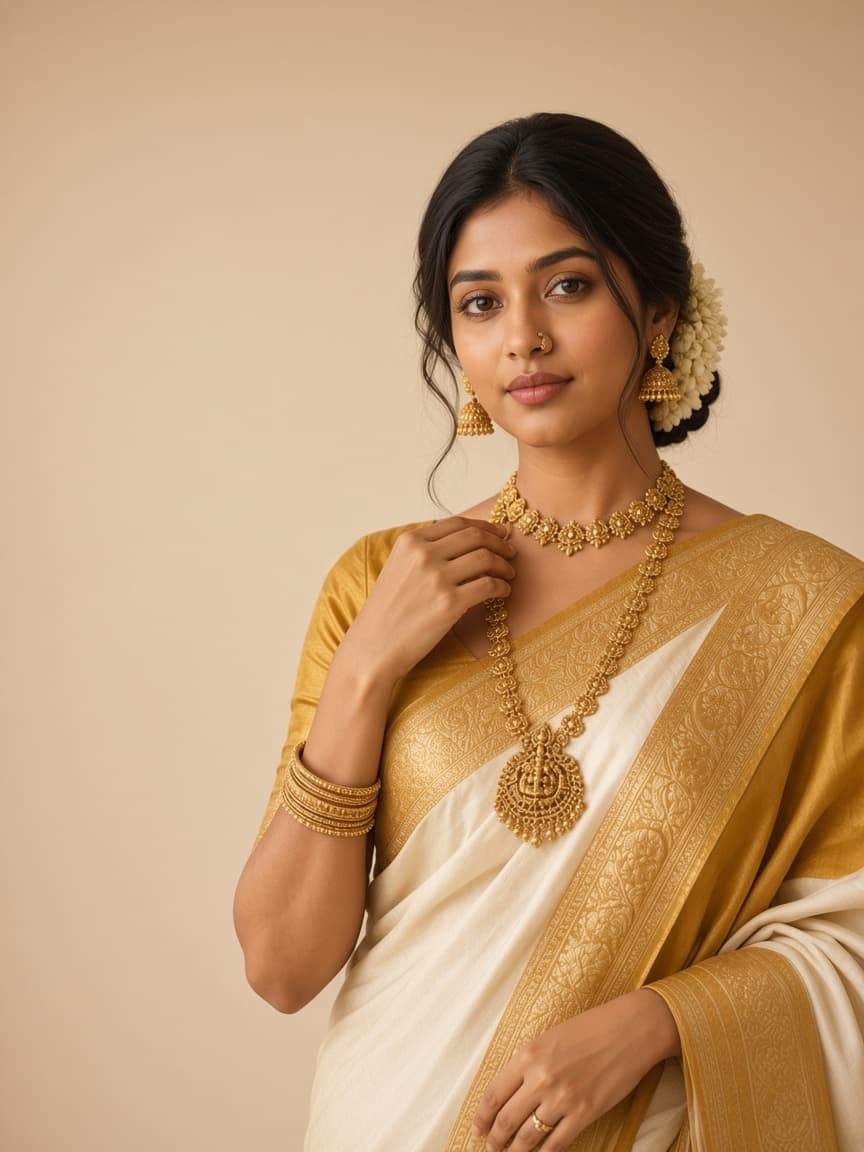 Woman in a gold silk saree wearing a traditional gold necklace